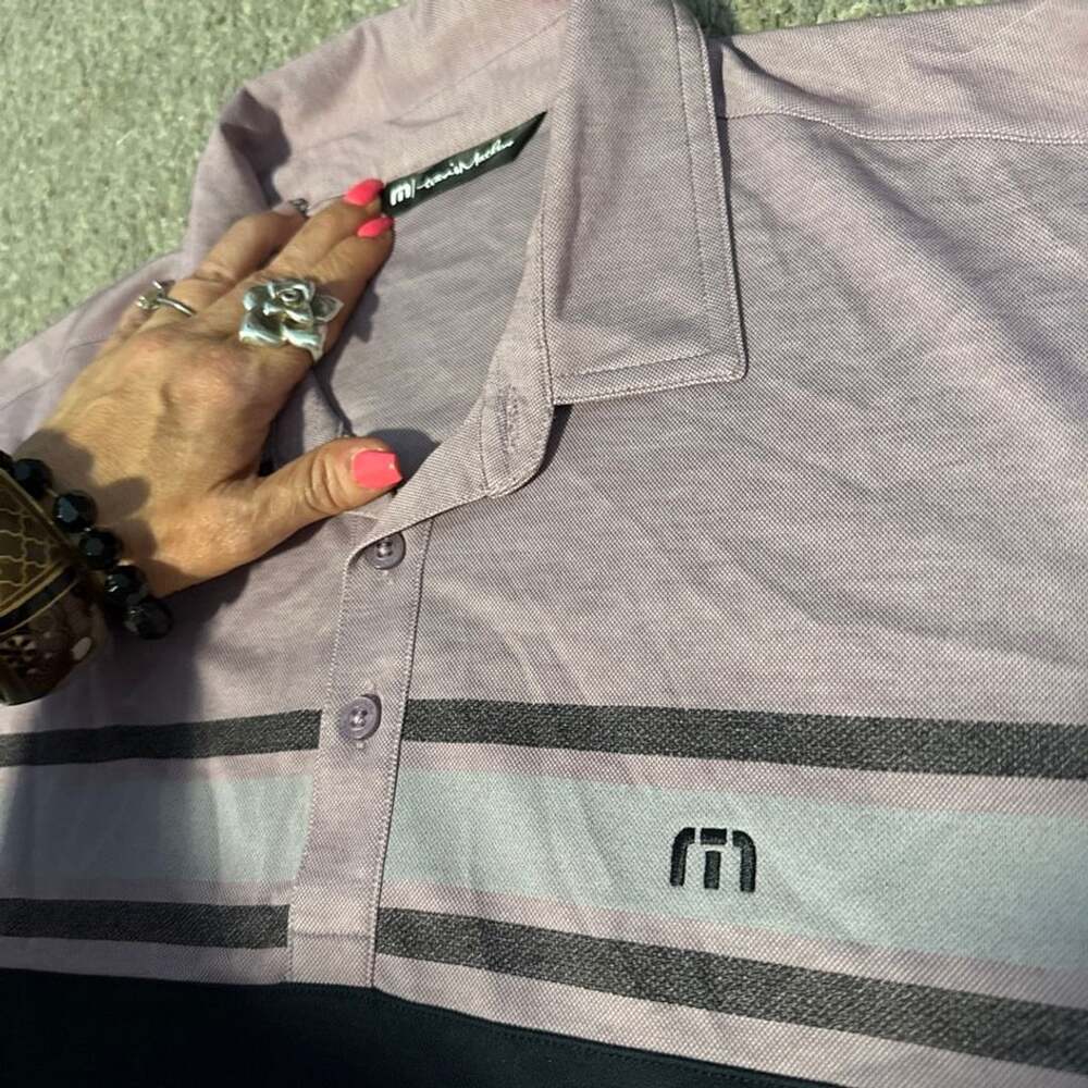 TravisMathew Purple and Black Colorblock Striped Golf Polo Shirt Men's Large